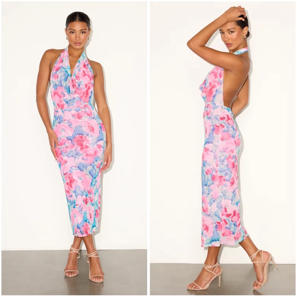 Lulus Venus teal pink Floral mesh backless Midi Dress women size M New #3G